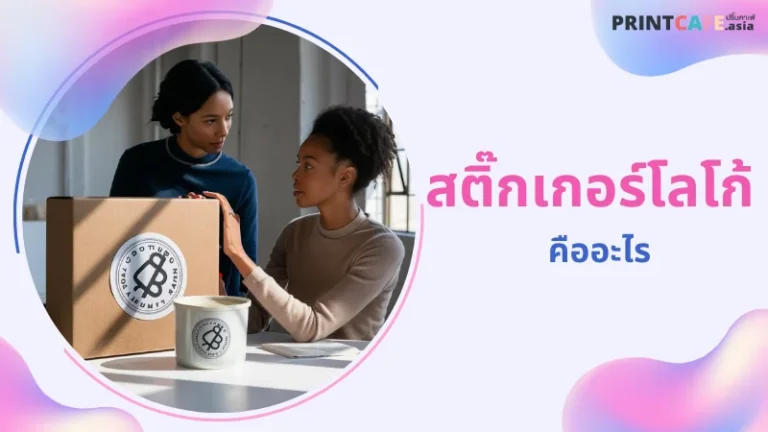 ภาพนี้แสดงการติดสติ๊กเกอร์โลโก้บนกล่องบรรจุภัณฑ์